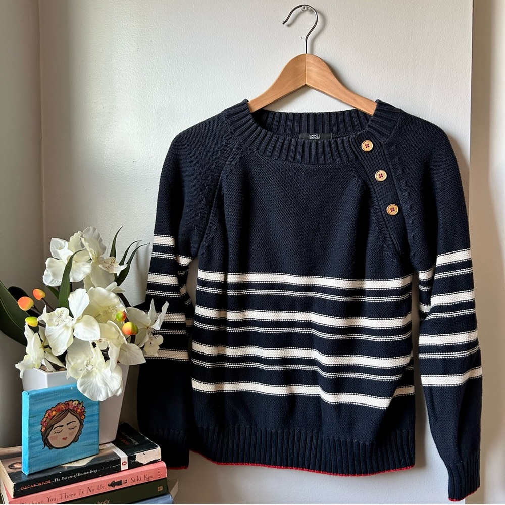 Navy Sweater with Cream Stripes and red hem